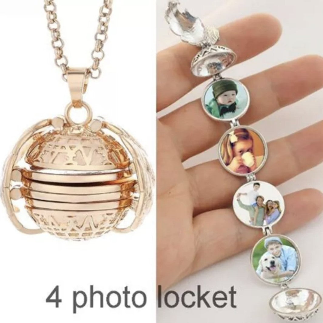 Expanding 5 Photo Locket Necklace - Angel Wing Pendant Memorial Gold